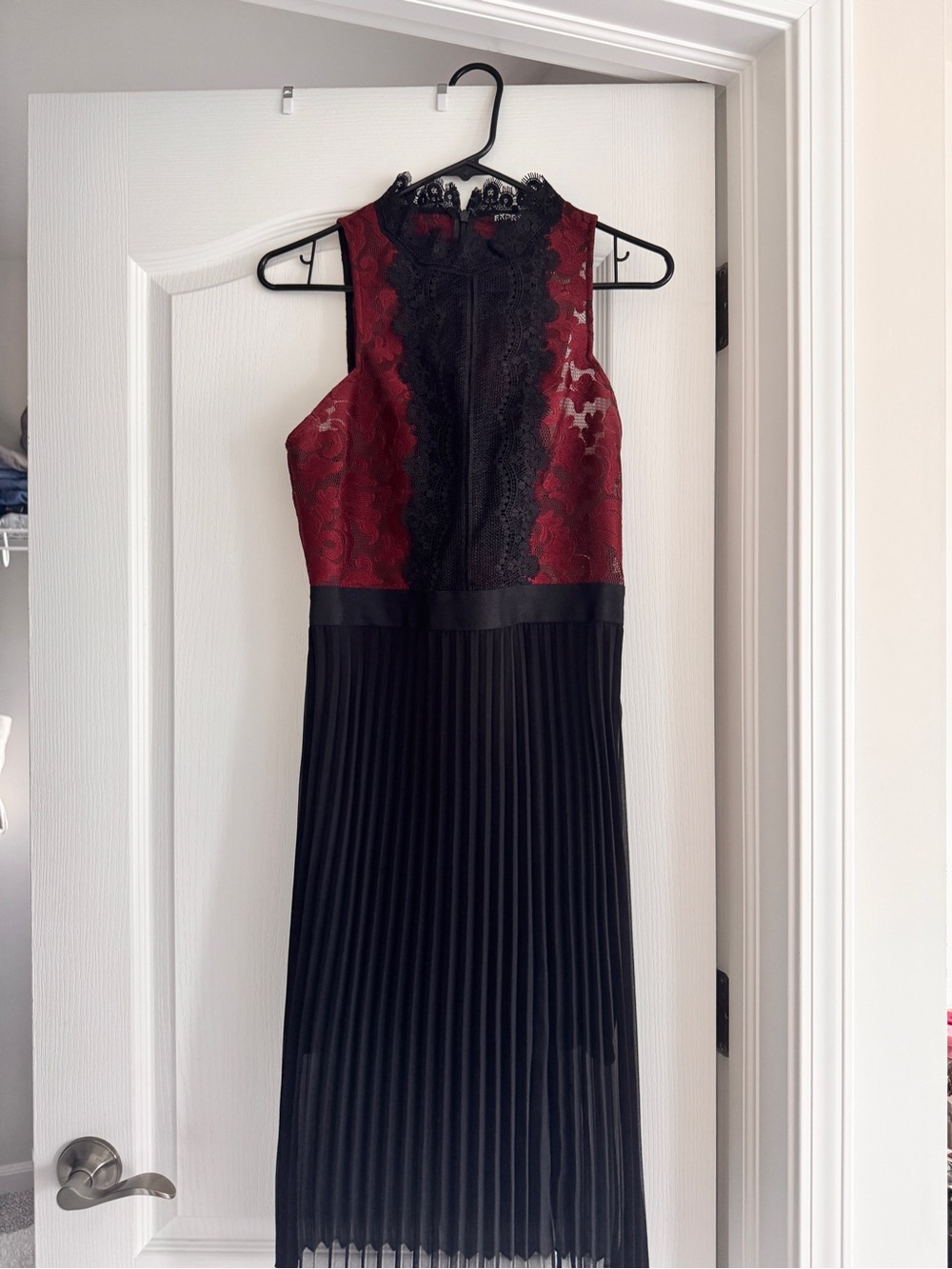 Express Burgundy and Black Lace Pleated Midi Dress